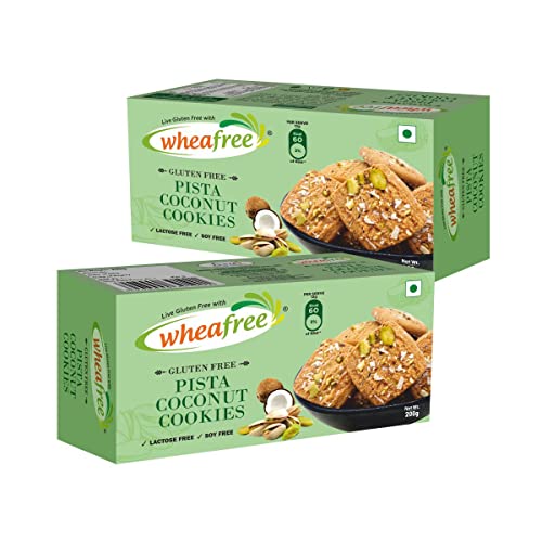 Image of Wheafree Gluten Free Pista Coconut Cookies - Pack of 2 (200g each) No Maida | Best Tea Time Snacks | 100% Vegetarian and Wholesome Ingredients