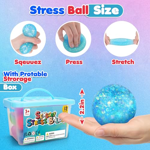 Image of Fidget Sensory Toys Stress Balls: 12 Pack Squishy Stress Balls for Kids | Hand Therapy Sensory Ball with Nervousness Pressure Relief - Squeeze Stress Toys Bulk - Classroom Prize Gift for Student