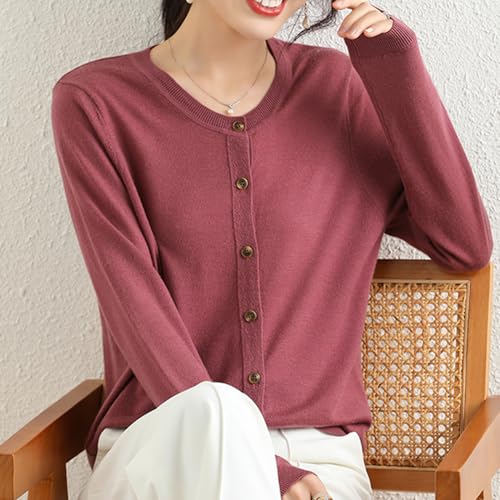 Image of Women's 100% Merino Wool Crew Neck Cardigan Sweater Top Long Sleeve Button Down 2025