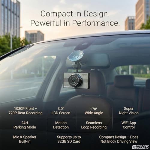 Image of Golens Anytek A10 Dual Dash Cam for Car | 1080P Front & 720P Rear Camera | Night Vision | 150 Wide Angle | WiFi App Control | Motion Detection | Loop Recording | 24H Parking Monitor