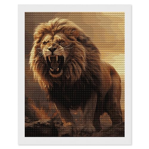 Peinture diamant lion rugissant strass ronds broderie canevas loisir créatif adulte