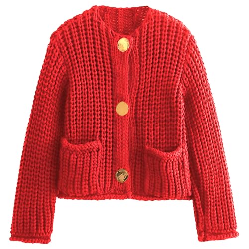 Yimoon Women's Cropped Cardigan Sweater Button Down Long Sleeve Chunky Knit Cardigan Fall Open Front Sweater Coat with Pocket(Red-L), Large