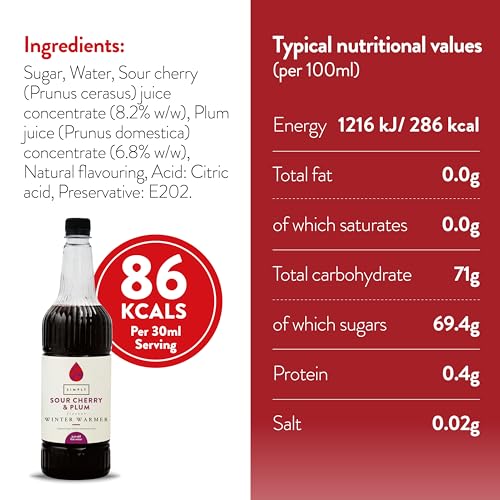 Simply Sour Cherry & Plum Winter Warmer Syrup, Vegan and Nut Free Flavoured Syrup for Hot Drinks (1 Litre)