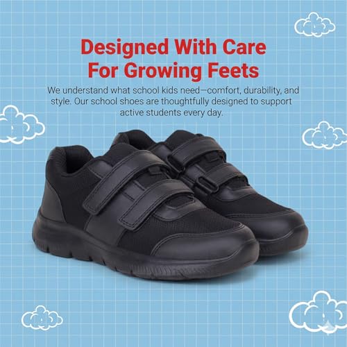 Image of ATHCO Fushion School Shoes Black for Boys & Girls| Soft Cushioned Memory Foam Heel Pad Support|Uniform Shoes | Lightweight | Velcroo |Easy Wear & Care|Padded Textured Heel Grip Lining | Breathable | All Day Comfort