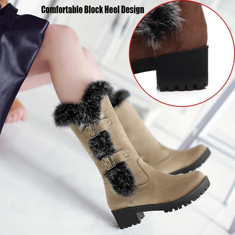 Women's Mid-Calf Winter Platform Hidden Wedge Boots Slip-on Thick Rabbit Fur Collar Warm Waterproof Stretch Leather Non-slip Snow Boot - Image 5