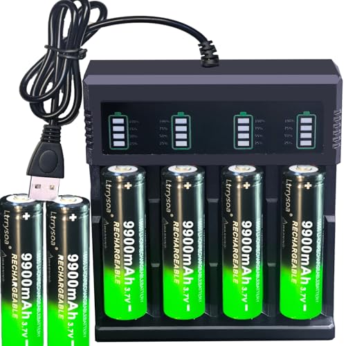 6pcs Rechargeable Battery with 18650 Charger Set, USB Smart 1￵8￵6￵5￵0 Battery Charger for 3.7V flashlights