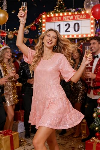 Image of MAYSTEPPE Sparkly Glitter Dress, Sequin Babydoll Summer Dress Short Flowy Tiered Tunic Dress for Women Party Club Night