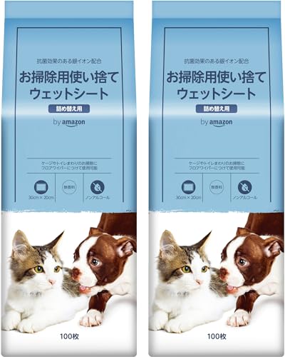 by Amazon お掃除用 使い捨てウェットシート 銀イオン配合 無香料 (詰め替え用 100枚×2個セット)