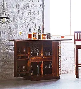 WeeHom Furniture Sheesham Wood Bar Cabinet with Door Storage for Home Living Room Wooden Wine Rack Bar Counter (Honey Finish)