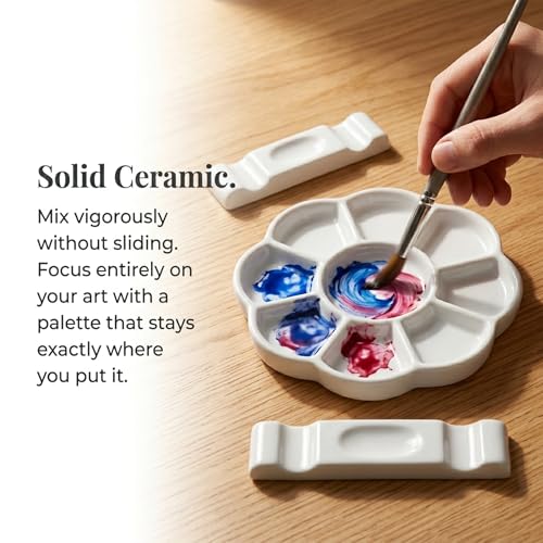 Paleta de acuarela de cerámica blanca de 5 pulgadas con diseño de flor de ciruelo y soporte integrado 7