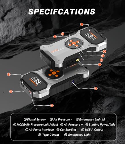 ZKpilse Car Jump Starter with Air Compressor, 4000A 12V Portable Jump Starter (All Gas/9L Diesel), Car Battery Jump Box with 150 PSI Tire Inflator, 3 Modes Flashlight, Storage Case, Jumper Cables
