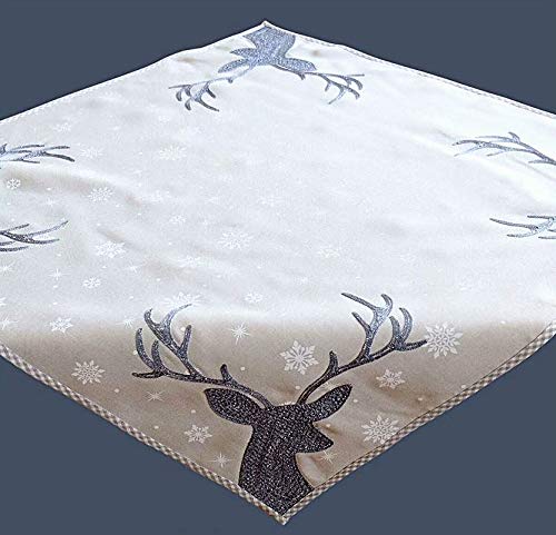 Quadratisch Polyester Tischdecke 85 x 85 cm hellgrau weiß eisblau Stickerei 'Hirsch' Weihnachten Weihnachtsdeko Weihnachtstischdecke Mitteldecke Tischdeko