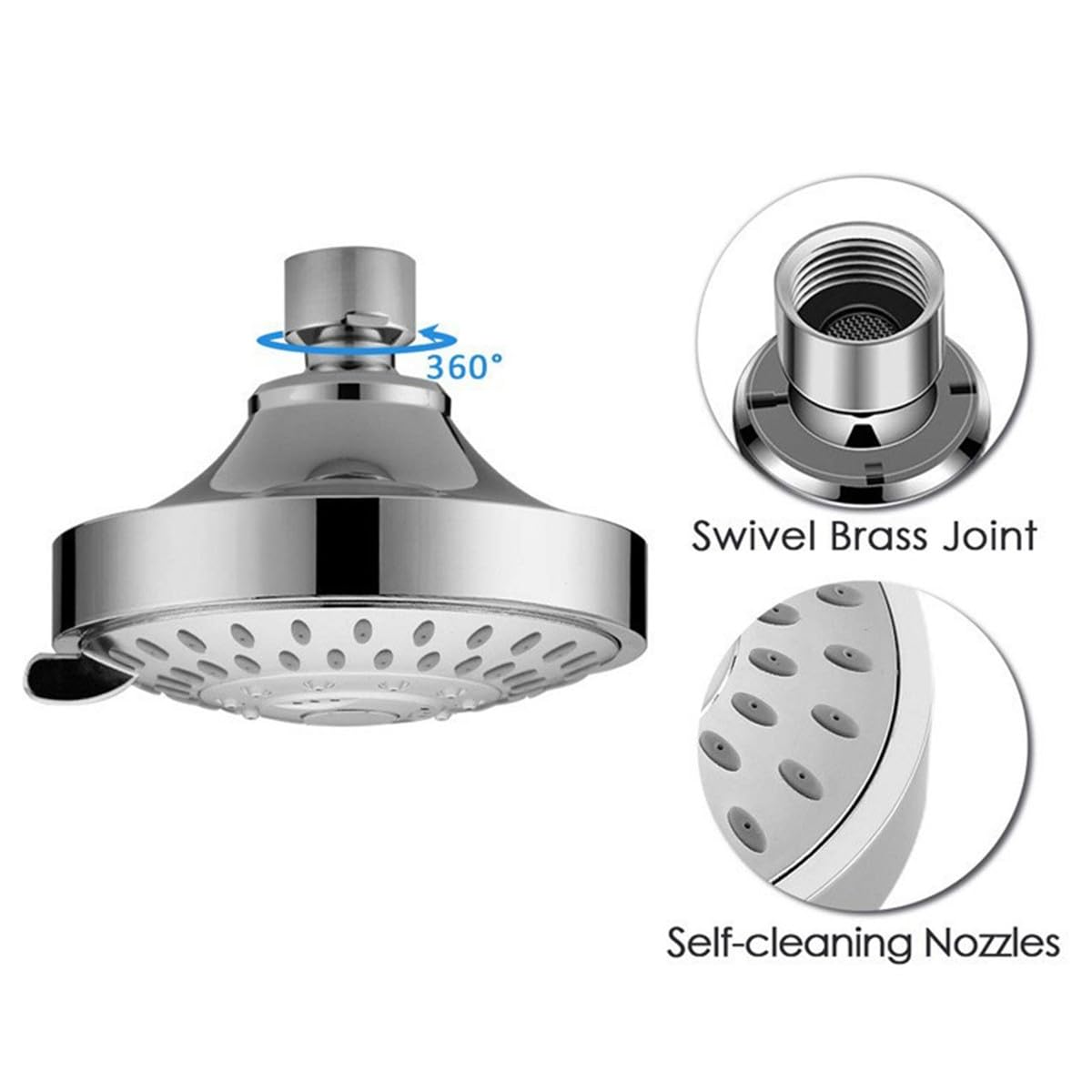Michear Rainfall Shower Head High Pressure Fixed Shower Head 5-Setting with Adjustable Metal Swivel Ball Joint Chrome Rain Setting Shower Heads Replacement Shower Head Universal G1/2 Fitting (Silver) - Image 4