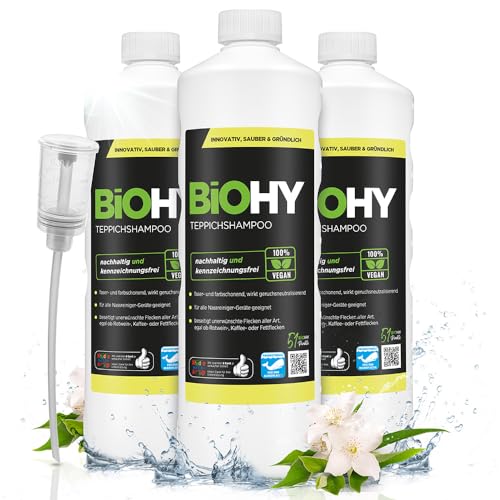 BiOHY Champú para alfombras (3 botellas de 1 litro) + Dosificador | Limpiador de alfombras concentrado | elimina las manchas rebeldes | bien tolerado por los animales (Teppichshampoo)
