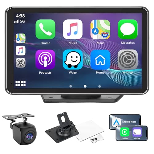 Wireless Car Stereo with Apple CarPlay/Android Auto, Portable Touch Screen Car Radio Multimedia Player with Bluetooth, Backup Camera, GPS Navigation, Mirror Link for All Vehicles
