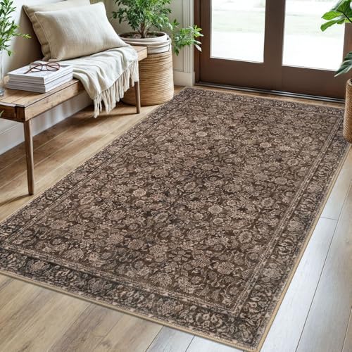 3x5 Rust Washable Rug for Living Room, Soft Distressed Floral Rug with Non-Slip, Low-Pile Vintage Neutral Area Rugs for Entryway Nursery Bedroom Dining, Dorm Carpet with Non-Shedding