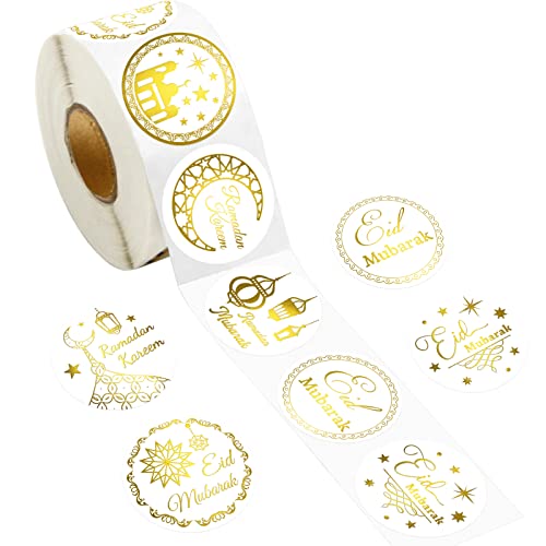 Fancy Land 500PCS Gold Foil Eid Stickers Ramadan Kareem Eid Stickers Al-fitr Perforated Roll Gift Tag Kids 2 Inches