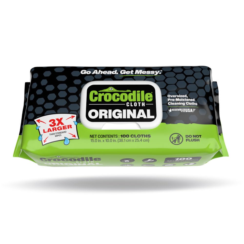 Crocodile Cloth Industrial Hand & Tool Cleaning Wipes - Heavy-Duty 10" x 15" Size Multi-Surface Cleaning Wipes, 100 Count Per Package. Water Based Solution with Extreme Cleaning Power. Safe on Skin.