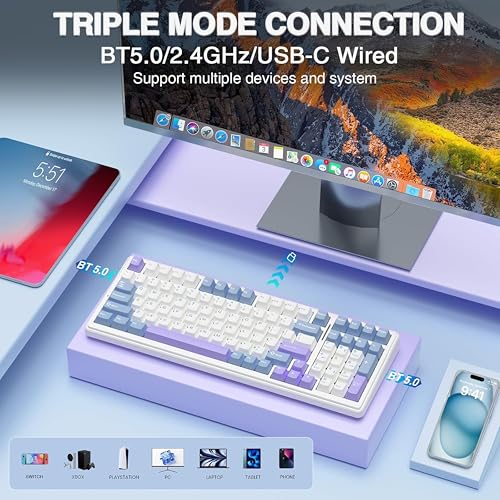 Image of AULA F99 Mechanical Keyboard | Tri-Mode BT5.0 /2.4GHz /USB-C Hot Swappable | Pre-lubed Linear Switches, Gasket Structure | RGB Gaming Keyboard (Blue+White, Crescent Switch)