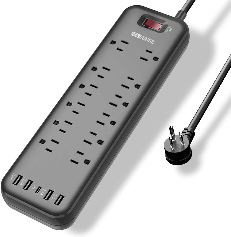 Power Strip, MKSENSE Surge Protector with 12 Outlets & 4 USB Ports & 1 Type-C Port (5V/3A), 3600 Joules, Angled Flat Plug, Spaced Outlets & ETL Listed Power Outlet for Home Office - Black