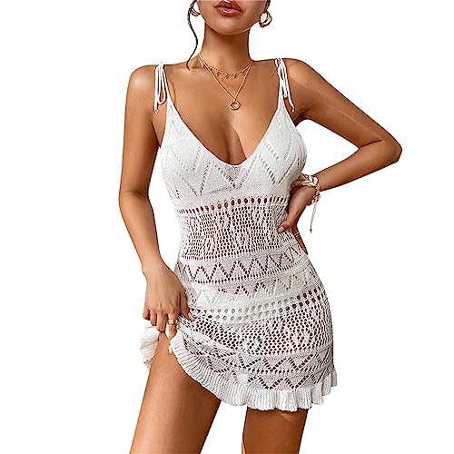 Bottone Bathing Suit Up for Women Hollow Out Bikinis Up Sleeveless Beach-Dress V-Neck Crochet Dress