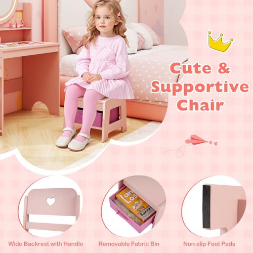 Image of HONEY JOY Kids Vanity with Lights, Wooden Princess Makeup Dressing Vanity Desk with Jewelry Storage, Open Shelves, 2 in 1 Toddler Vanity Table & Chair Set with Lighted Mirror for Little Girls(Pink)