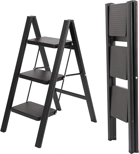 Jukkre 3 Step Ladder, Lightweight Aluminum Folding Step Stool w/Wide Anti-Slip Pedal, 330 Lbs Capacity Sturdy Stepping Ladder, Safety Stepladder for Home, Office, Kitchen (3-Step Black)