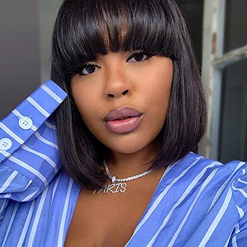 DeeThens Short Straight Black Bob Wigs with Bangs for Black Women Brazlian Straight Human Hair Wigs Machine Made None Lace Front Black Bob Wig for Daily (10 Inch)