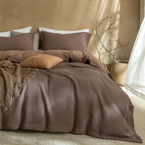 cotondream 3Pcs Brown Waffle Cotton Duvet Cover Set Queen 90x90