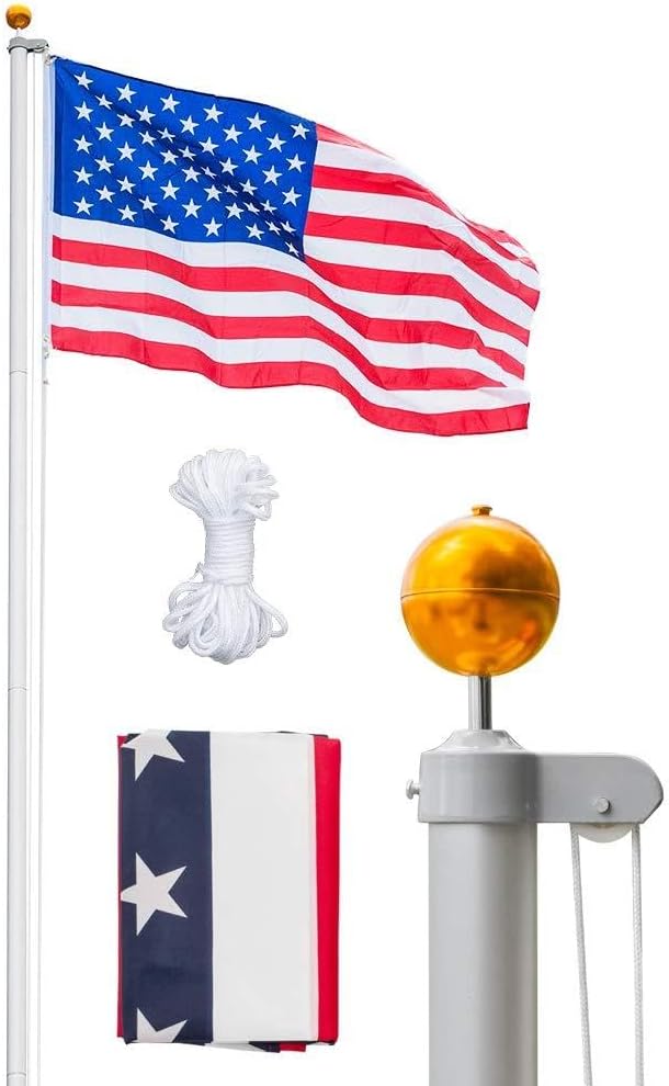 VINGLI Upgraded 25FT Sectional Aluminum Flag Pole for Outside House, Thick Tube Halyard Flag Pole Kit, In-Ground Flag Poles for 3x5 Flags Outdoor for Yard, Ball Topper Halyard Rope PVC Sleeve, Silver