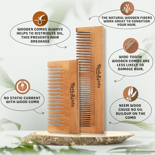 Image of Handmade Kacchi Neem Wooden Comb For Men & Women Detangling, Frizz Control & Shine, Suited For All Hair Diffrent Type of Kangi Combo Pack 2pis (Wide Tooth + Dual Tooth)