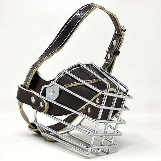 Dog Muzzle Bite Guard with Adjustable Soft Leather Strap, Stainless Steel, Small