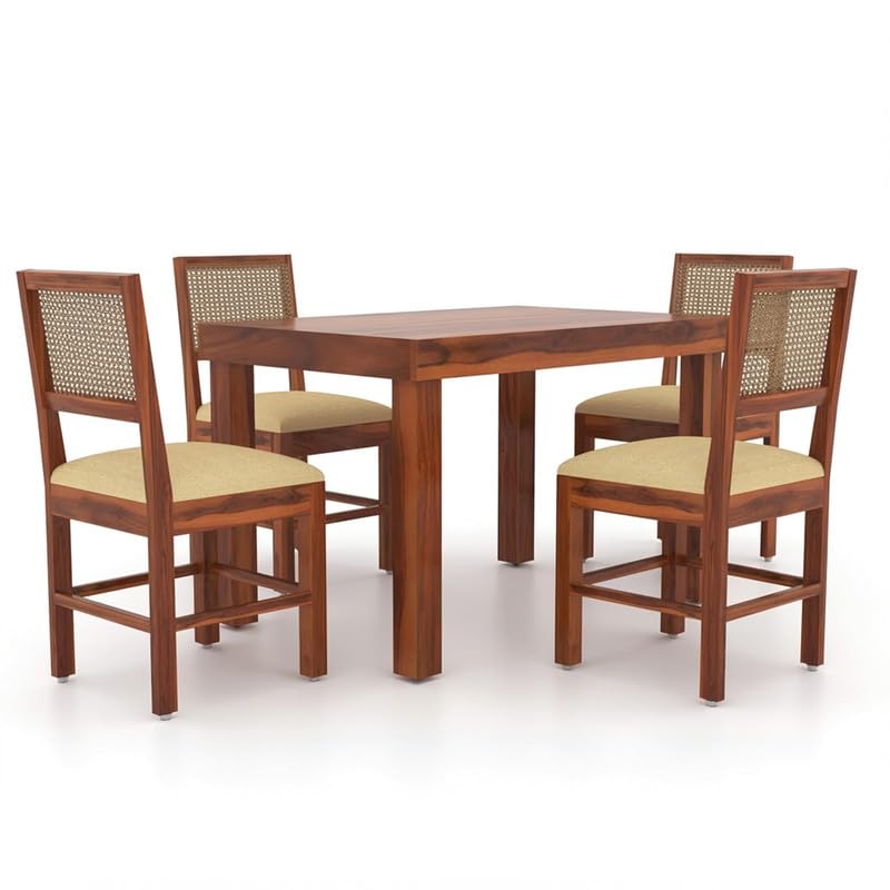 Image of Furniture Solid Sheesham Wood 4 Seater Dining Table Set with Cushioned Chairs | Wooden Four Seater Dinner Table Set for Living Room, Kitchen, Dining Area and Home (Honey Finish)
