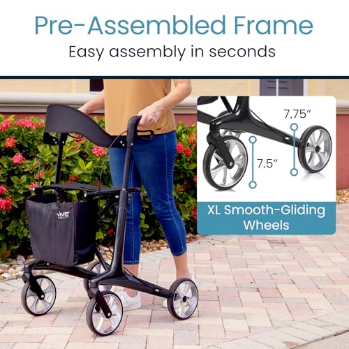 Vive Lightweight Rollator Walker with Seat - Carbon Fiber Frame for Seniors - Stand up Folding Mobility Aid - Height Adjustable, Brakes, Armrest & Storage Bag Accessory (Black) - Thumbnail 6