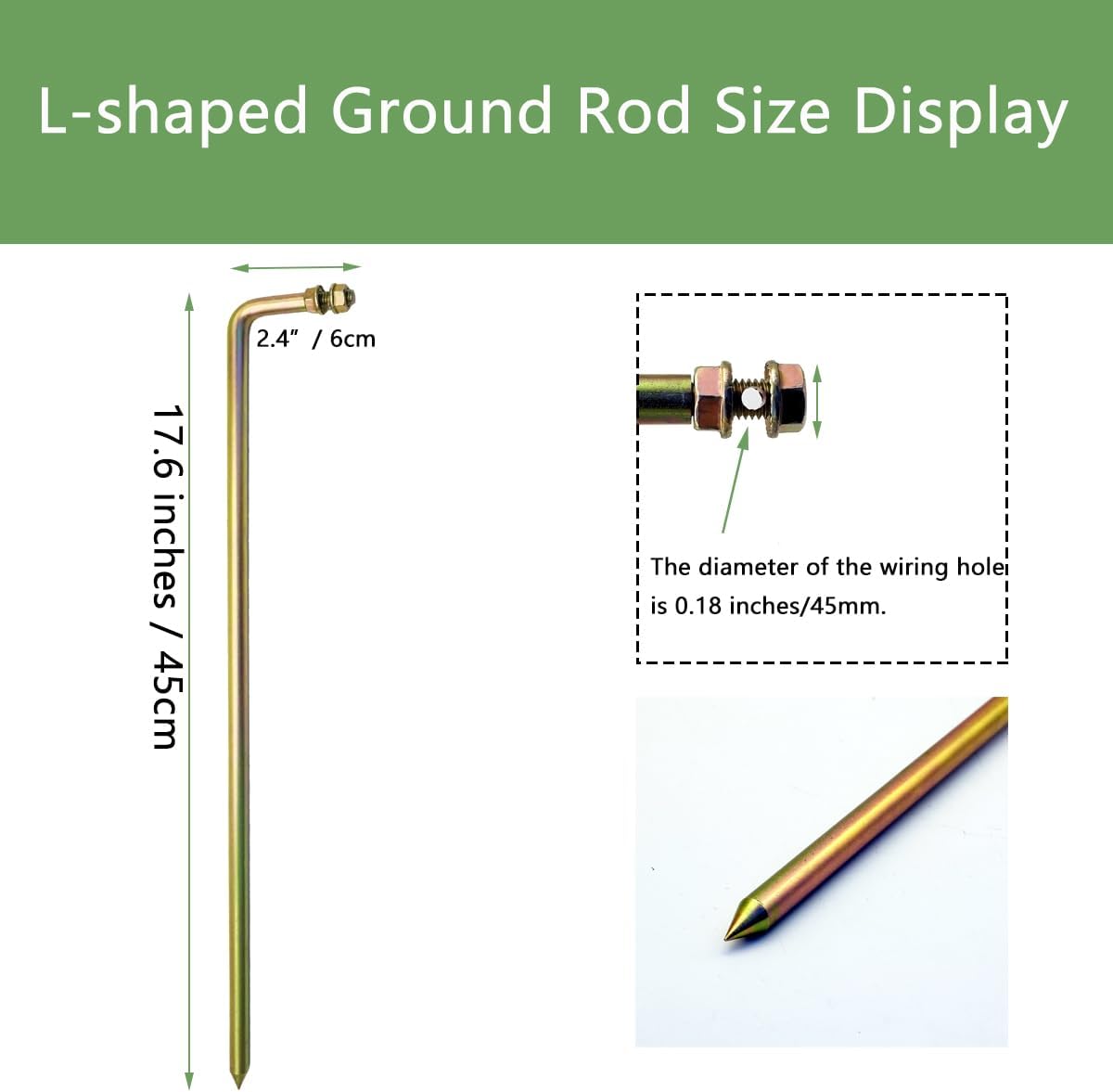 18" Portable Ground Rod L-shaped Galvanized Steel Grounding Pin with 4ft UL Listed Grounding Wire & Crocodile Clip for Electric Fences,Generator Antennas,Satellite Dishes