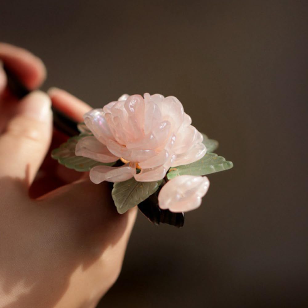 1pcs Late Spring Black Ebony wood with Peony Flower Resin Chinese Hanfu Hairpin Chopsticks,Hair Clip Hair Pin Hair Accessories for Women Girls Long Hair