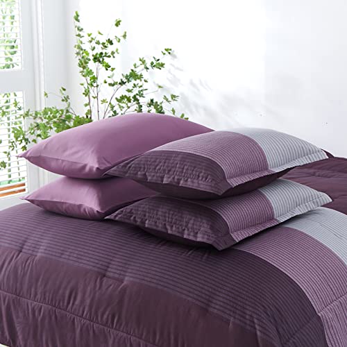 Purple Queen Bed In A Bag Comforter Set 7 Pieces Purple Striped Patchwork Bedding Set For Queen Bed, Soft Microfiber Reversible Down Alternative Comforter W/Flat Fitted Sheet, Pillowcases & Shams #TOP5