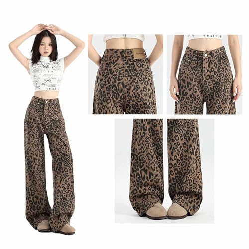Beautiful Leopard Print Wide Leg Jeans for Women, high Waisted American Style Loose Casual Straight Leg Pants4