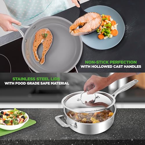 Image of NutriChef Kitchenware Pots & Pans Set - 12 Piece, Clad Kitchen Cookware Set w /Steel Handles, Fry Pan Interior Coated w / Ceramic Non-Stick Coating, Stylish Kitchen Cookware - NCSSX45