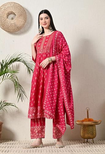 Image of Amazon Brand - Tavasya Women Rayon Straight Kurta Pant Dupatta Set | Embroidered Ethnic Suit Set | Regular Fit Kurta with Pant & Dupatta