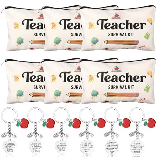 12 Pieces Teacher Appreciation Gifts Set 6 Teacher Survival Kit Makeup Pouch Canvas Cosmetic Bag Toiletry Bag for Travel and 6 Teacher Keychains Appreciation Key Ring for Women Teacher Christmas
