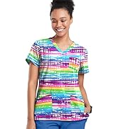 Happy Scrubs Women's Colorful Stripes Print Scrub Top (XS-3X) – 7 Pocket Rounded V-Neck Medical U...