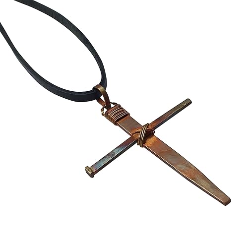 Rustic Copper Nail Cross Necklace – Handmade Three Nail Pendant on 24” Genuine Leather Cord – Unisex Christian Jewelry – Faith & Religious Gifts for