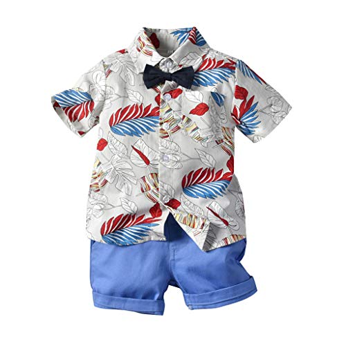 Toddler Baby Boy Short Sleeve Bow Tie Gentleman Floral Beach T Shirt Tops+Solid Shorts Summer Clothes Outfits (4-5 Years, White)