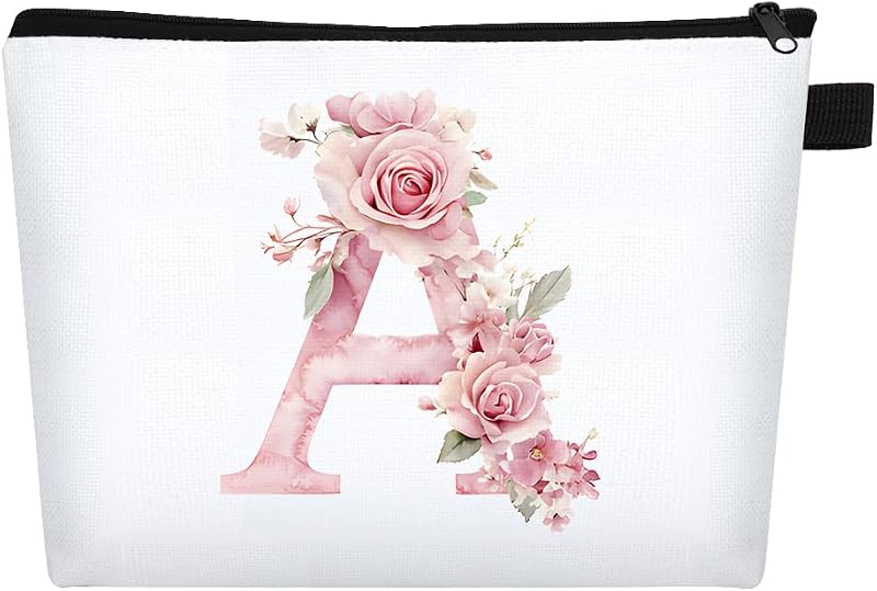Necessaire de maquiagem FIDWALL com inicial A e estampa floral, em algodão, fechamento por zíper