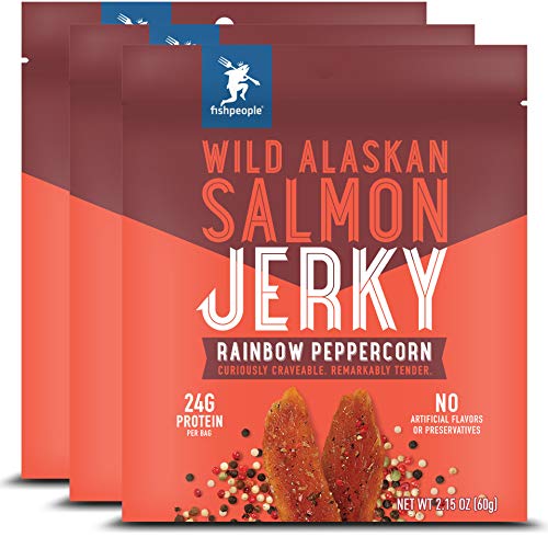 Fishpeople Wild Alaskan Salmon Jerky, Rainbow Peppercorn, 2.15 ounce (3 pack), 24g Protein and 900mg Omega-3s per bag, Low sugar, Gluten-free, Antibiotic-free, Non-GMO
