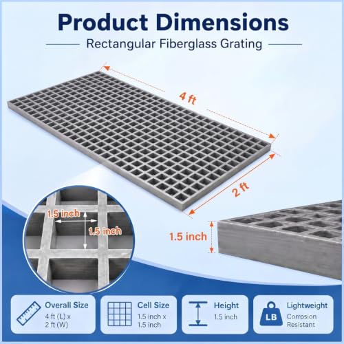 Image of Cinnvoice 1 Pcs FRP Molded Grating Panel, 4ft X 2ft X 1.5in, Grey