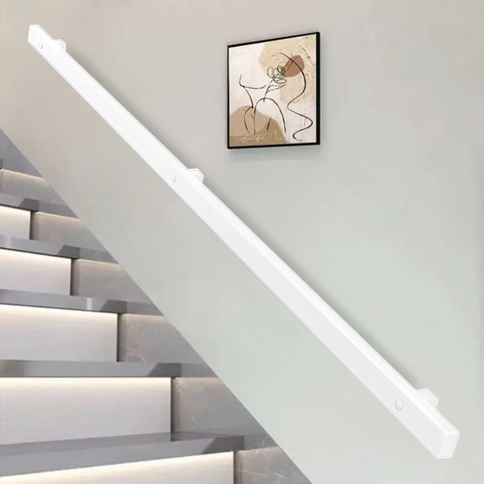 Rampe d'escalier en fer blanche 240 cm haut de gamme à fixation murale stable