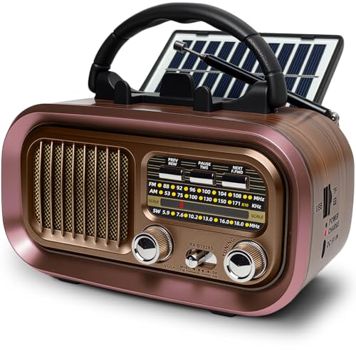 Radio Portatil Pequeña, Am/FM/SW Transistores Radio con Panel Solar, Radio Bluetooth Retro Alimentada por Baterías Recargables de 1200mAh o Pilas D, Radio FM Soporta USB/Tarjeta TF/TWS