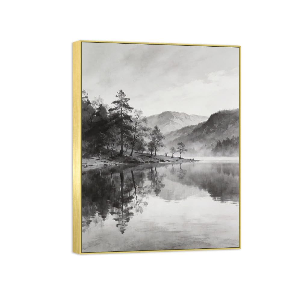 Tree Lake 2 Black White Landscape Canvas Picture 80x105cm Gold Frame